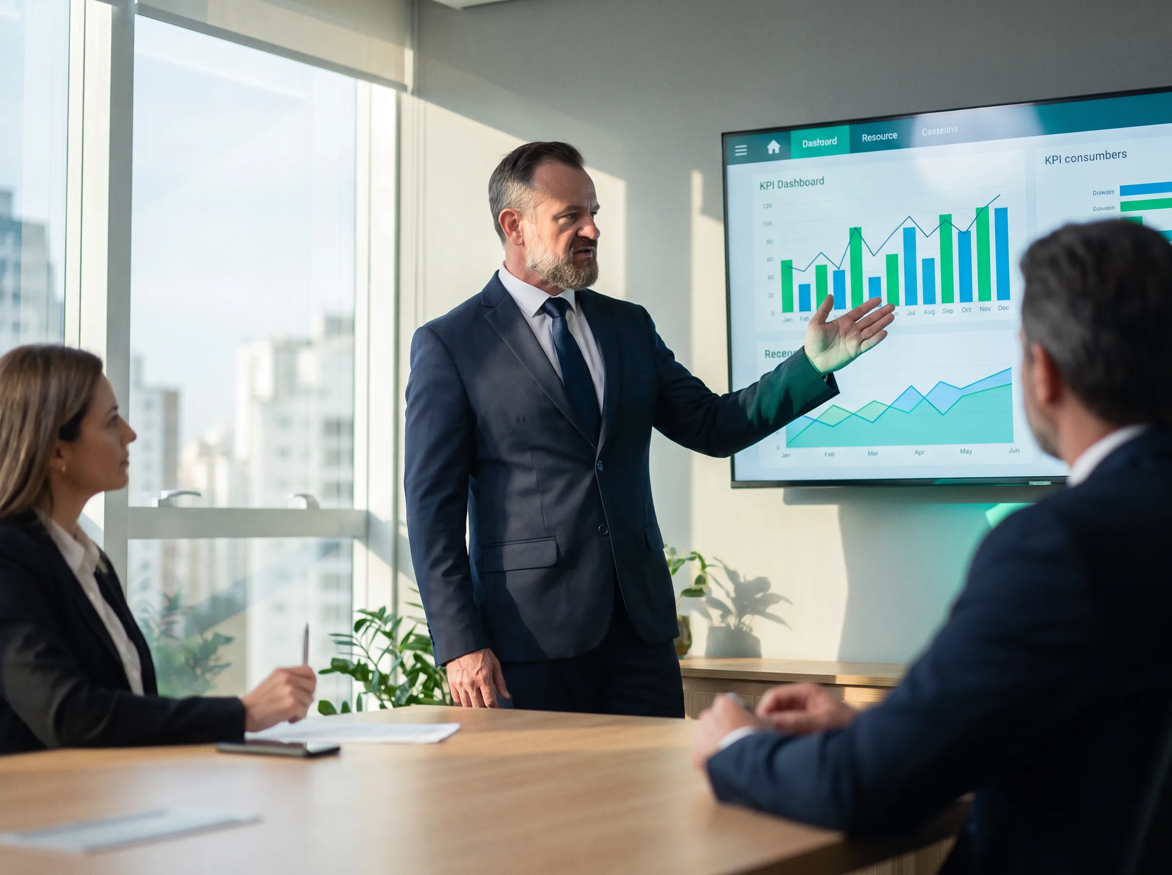 Mário Trentim apresentando um painel de KPIs de Valor do portfólio para executivos