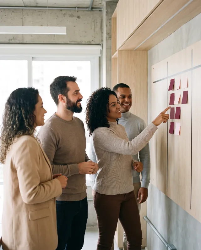 Equipe pequena e diversa, de quatro pessoas, conversa diante de um quadro kanban organizado; uma delas aponta para os post-its