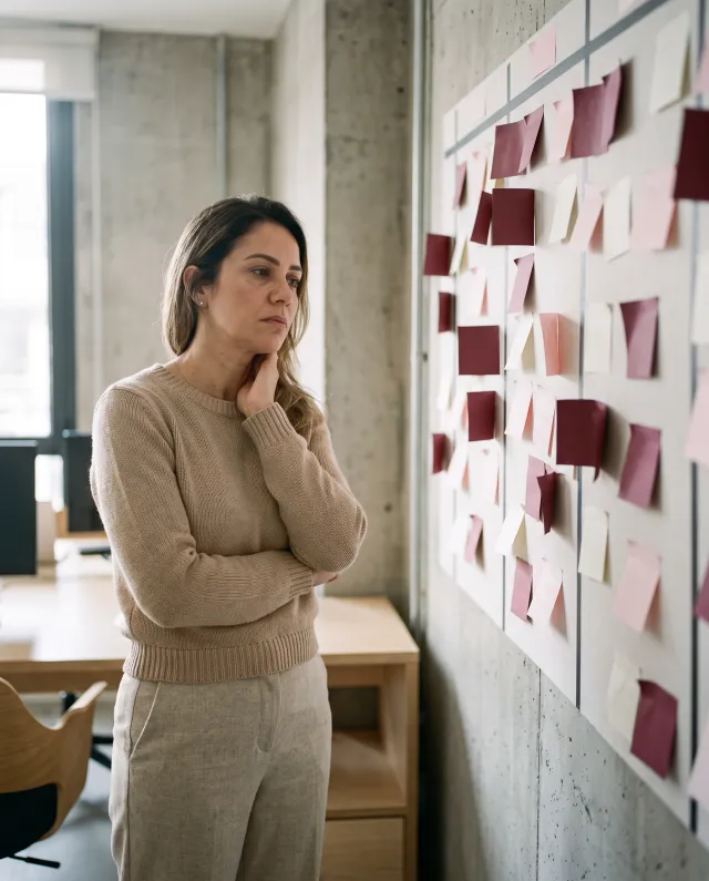 Líder de equipe, pensativa e cansada, olha para um quadro kanban lotado de post-its desorganizados no escritório